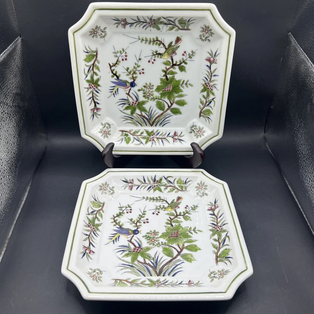 Pair Vintage Sanford Japan Porcelain Square Plates 1666 Birds Flowers Dish